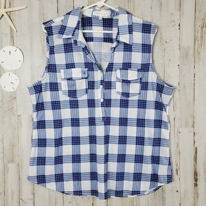Eden and Olivia Plaid Button Down Tank Top Blue White Size XL